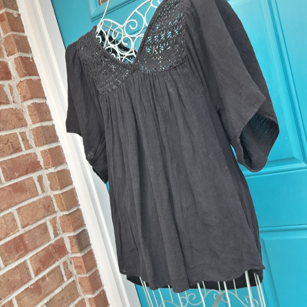 Boho Top Crochet All Cotton Loose Fit Mesh Short Sleeve VNeck Embroidered SM - Picture 7 of 12